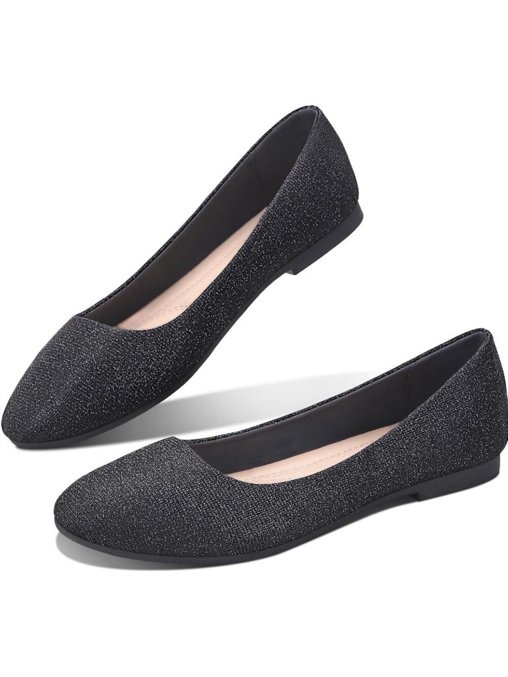 Women's Bright Black Ballet Flats Round Toe Textile Slip On Causal Dress Shoes